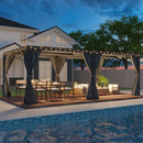12x20 Louvered Pergola with curtains by a pool at dusk.