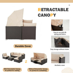 erommy 6 pcs outdoor sectional sofa daybed with retractable canopy and adjustable backrest, khaki