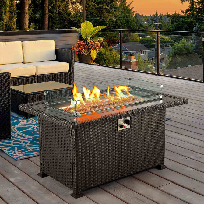 EROMMY 44" Patio Propane Fire Pit Table with Wind Guard, Black-Erommy