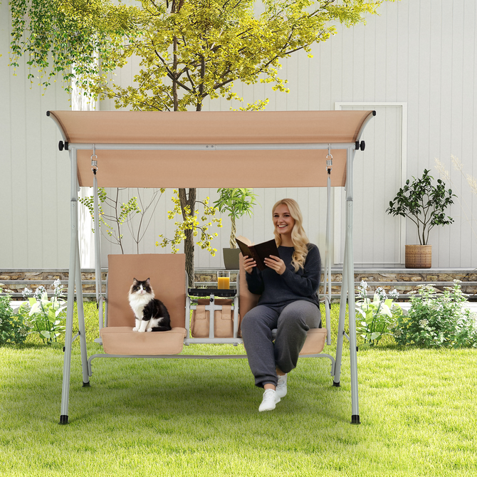 EROMMY 2-Person Outdoor Swing with Canopy, Storage Table, Cooler Bag & Cushions – Beige-Erommy