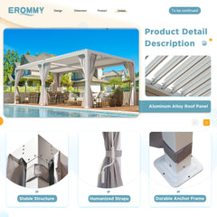EROMMY  10'×20' Outdoor Louvered Pergola with Adjustable Aluminum Rainproof Roof, for Garden Yard, Curtains and Netting Included, White
