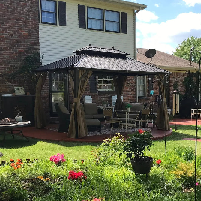 EROMMY 10'x13' Hardtop Gazebo Galvanized Steel Double-Roof Gazebo w/ Netting Curtain - Erommy