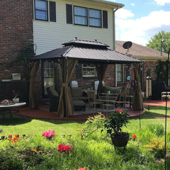 EROMMY 10'x13' Hardtop Gazebo Galvanized Steel Double-Roof Gazebo w/ Netting Curtain - Erommy