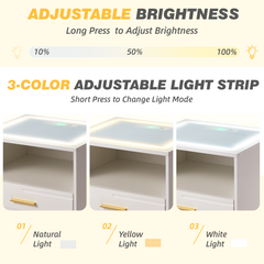 EROMMY LED Nightstand with Wireless Charging, Smart Bedside Table with Drawers & Adjustable LED Lights, White-Erommy