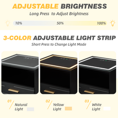 EROMMY LED Nightstand with Wireless Charging, Smart Bedside Table with Drawers & Adjustable LED Lights, Black-Erommy