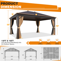 EROMMY 12' x 16' Hardtop Gazebo, Galvanized Steel Metal Single Roof Aluminum Gazebo with Curtain and Netting, Brown Permanent Pavilion-Erommy