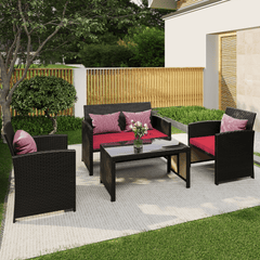 EROMMY 4-Piece Patio Furniture Set, Outdoor Wicker Patio Conversation Set with Cushions, Sofa & Glass Coffee Table, Red