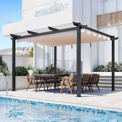 EROMMY Retractable Pergola 10x12 Ft, Upgraded Sun Shade with Waterproof Canopy, Durable Metal Patio Shelter with Magnetic Attachment for Backyard Garden Deck (Beige)
