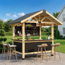 EROMMY 9' x 6' Bar Gazebo with TV Mount, Wood Outdoor Entertaining Bar Set with Galvanized Steel Roof, Grill Gazebo For Patio