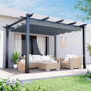 Outdoor patio with pergola, furniture, and plants on a sunny day.