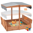 EROMMY Kids Sandbox with Cover, Height Adjustable Roof, Foldable Bench Seats for Aged 3-8, Wooden Outdoor Kids Sandbox, Sand Protection Line-Erommy
