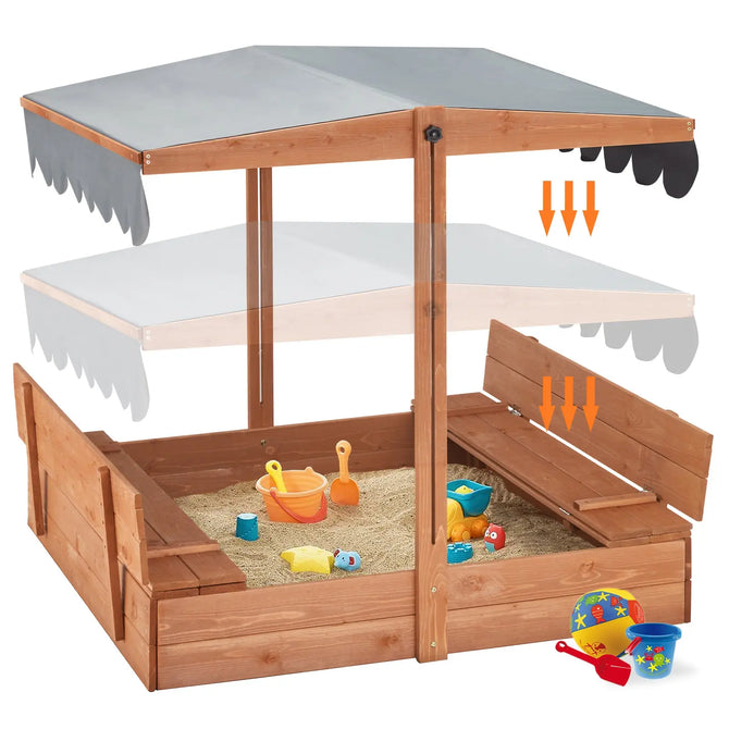 EROMMY Kids Sandbox with Cover, Height Adjustable Roof, Foldable Bench Seats for Aged 3-8, Wooden Outdoor Kids Sandbox, Sand Protection Line-Erommy
