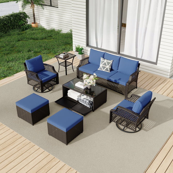 EROMMY 7 Piece Patio Furniture Set, Rattan Outdoor Sectional for Deck Backyard Porch (Navy Blue)-Erommy