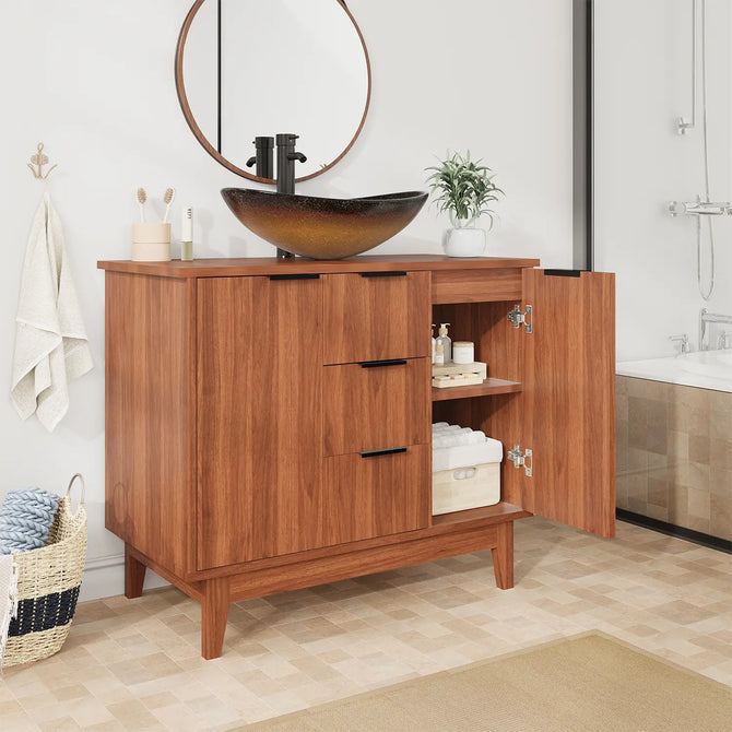 EROMMY 36 Inch Bathroom Vanity with Sink Combo, Bathroom Vanity with 3 Soft-Close Drawers, 2 Doors & Boat Glass Sink, Rustic Bathroom Cabinet Includes Adjustable Shelf, Water Tap & Sink Accessories