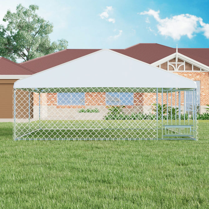 EROMMY 13x13ft Large Outdoor Dog Kennel, Waterproof Cover and Rotating Feeder, Galvanized Steel Metal with Lockable Door-Erommy