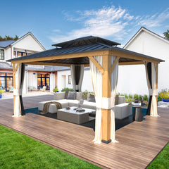EROMMY 13' x 15' Outdoor Spruce Wood Hardtop Gazebo w/ Double Metal Roof, Curtains & Nettings-Erommy