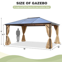 Erommy hardtop gazebo with a roof, aluminum frame, privacy curtains, and a height comparison silhouette for outdoor shelter