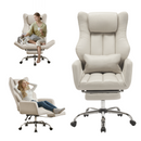 EROMMY Ergonomic Cross Legged Office Chair with Footrest,Big and Tall Leather Executive Chair with Reversible Armrest,Lumbar Pillow and Wheels,155° Reclining Computer Wide Desk Chair for Home,Office (Beige)