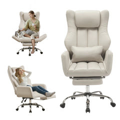 EROMMY Ergonomic Cross Legged Office Chair with Footrest,Big and Tall Leather Executive Chair with Reversible Armrest,Lumbar Pillow and Wheels,155° Reclining Computer Wide Desk Chair for Home,Office (Beige)