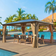 Erommy hardtop gazebo with dark roof, beige curtains, and outdoor dining furniture beside a bright swimming pool on a sunny patio