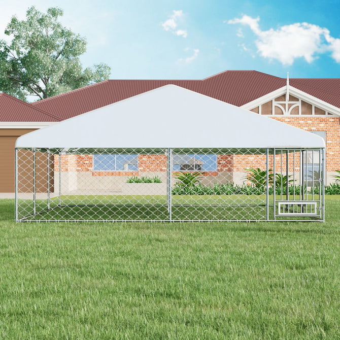 EROMMY 15x15ft Large Outdoor Dog Kennel, Waterproof Cover and Rotating Feeder, Galvanized Steel Metal with Lockable Door-Erommy