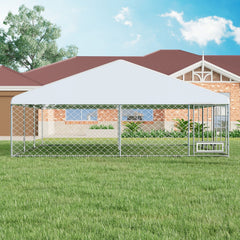 EROMMY 15x15ft Large Outdoor Dog Kennel, Waterproof Cover and Rotating Feeder, Galvanized Steel Metal with Lockable Door-Erommy