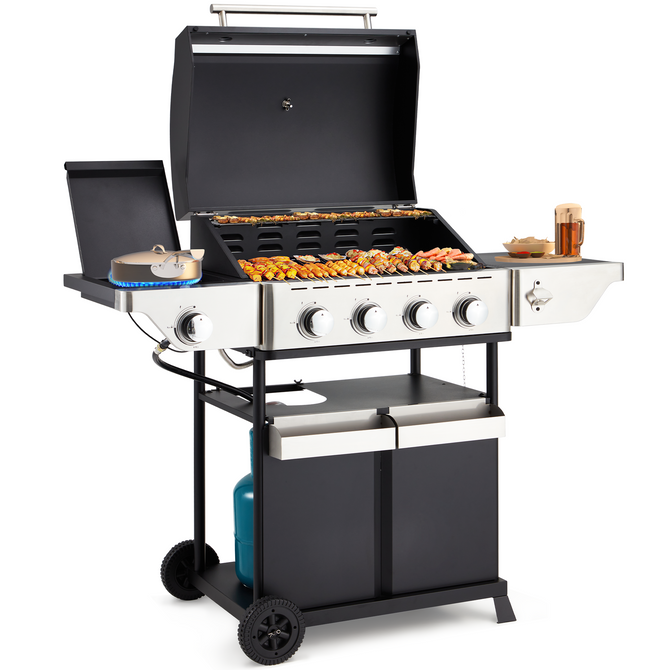 EROMMY Outdoor Burner BBQ Propane Gas Grill - 58000 BTUs Stainless Steel Patio Barbecue Grill with Stove and Side Table - Black - Propane Gas-Erommy