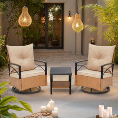 EROMMY 3-Piece Patio Swivel Rocker Set with Rattan Coffee Table, Beige