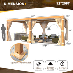 EROMMY 12x20 Louvered Pergola with Adjustable Rainproof Roof, Wood Grain Outdoor Aluminum Pergola, Curtains and Netting Included