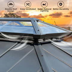 Close-up of an Erommy gazebo double roof with transparent upper panels, reinforced center frame, and sunset sky