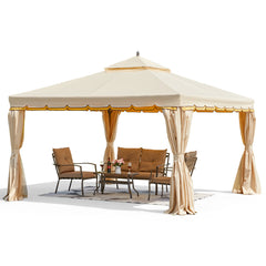 Erommy 12' x 12' Outdoor Canopy Gazebo, Double Roof Patio Gazebo Steel Frame with Netting and Shade Curtains for Garden,Patio,Party Canopy, Beige