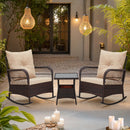 EROMMY 3 pcs Rocking Bistro Set, Outdoor PE Rattan Rocking Chairs with Tempered Glass Coffee Table, Beige