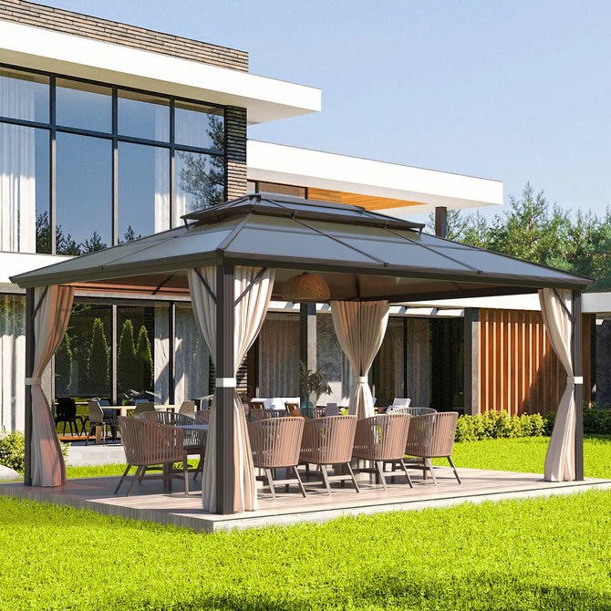 Erommy hardtop gazebo with double roof, privacy curtains, and outdoor dining furniture on a patio beside a modern home