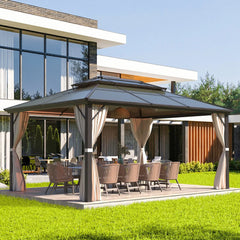 Erommy hardtop gazebo with double roof, privacy curtains, and outdoor dining furniture on a patio beside a modern home