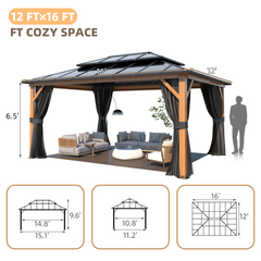 EROMMY 12'×16' Hardtop Gazebo, Faux Wood Grain Aluminum Outdoor Gazebo, Vertical Stripe Polycarbonate Double Roof, Curtains and Netting