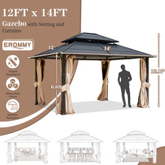 EROMMY 12' x 14' Hardtop Gazebo Outdoor Double Roof with Curtains and Netting, Anti-Rust Coating Frame-Erommy