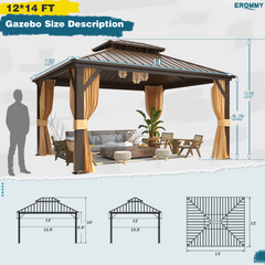 EROMMY 12'x14' Hardtop Gazebo, Galvanized Steel Metal Double Roof Aluminum Gazebo with Curtain and Netting, Brown Permanent