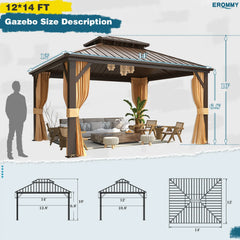 Erommy 12 by 14 foot hardtop gazebo with curtains, outdoor seating, lighting, and size diagrams showing roof and height measurements