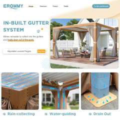 EROMMY 12x12 louvered pergola with Louvered Roof for Decks, Gardens and Backyards, Wood Grain-Erommy