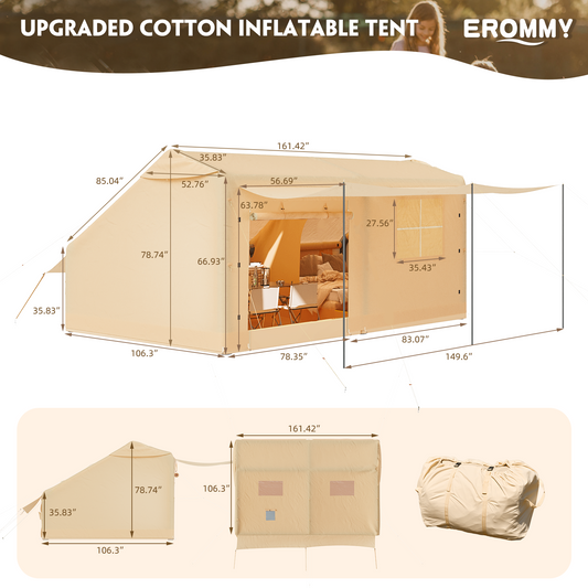 EROMMY 9*13 Large Inflatable Camping Tent, Outdoor Party Tent with Pump with Extended Balcony, Mesh Windows and Chimney Opening
