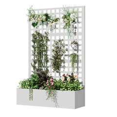 EROMMY Metal Planter Box with Trellis, 71"x 47"x 16" Raised Garden Bed with Trellis, Planter Box Trellis with Privacy Screen and Drainage Holes, White