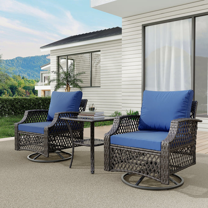 EROMMY 3 Piece Outdoor Swivel Chair Set, Patio Furniture Conversation Set for Deck, Yard, Garden, Poolside(Navy Blue)-Erommy