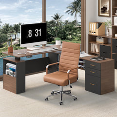 EROMMY 63" L Shaped Electric Standing Desk with Storage, Executive Adjustable Height with Power Outlets and Privacy Panel, Walnut Black
