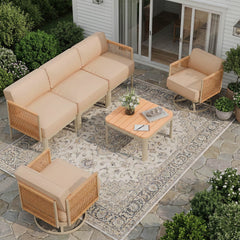 EROMMY 5 Seats Patio Furniture Set,Outdoor Swivel Glider Rocking Chairs with 6" Thick Cushions, 3-seat & Coffee Table, Beige