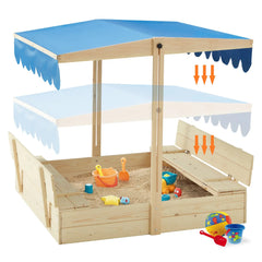 EROMMY Kids Wooden Outdoor Sandbox with UV50 Sun/Sand Protection Liner Function Canopy, 2 Foldable Bench Seats, Height Adjustable Roof-Erommy