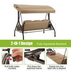 EROMMY 3-Seat Patio Porch Swing with Adjustable Canopy, Brown-Erommy