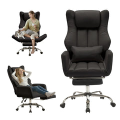 EROMMY Ergonomic Cross Legged Office Chair with Footrest,Big and Tall Leather Executive Chair with Reversible Armrest,Lumbar Pillow and Wheels,155° Reclining Computer Wide Desk Chair for Home,Office (Black)