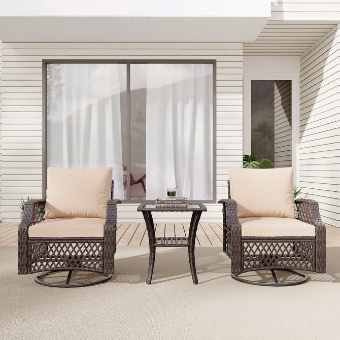 EROMMY 3 Piece Outdoor Swivel Chair Set, Patio Furniture Conversation Set for Deck, Yard, Garden, Poolside(Khaki)-Erommy