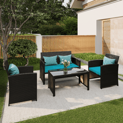 EROMMY 4-Piece Patio Furniture Set, Outdoor Wicker Patio Conversation Set with Cushions, Sofa & Glass Coffee Table, Blue