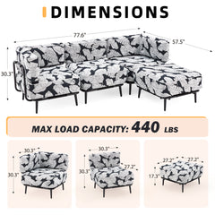 EROMMY 4-Piece Inflatable Couch Set, Portable Oxford Fabric Blow-Up Lounger, White & Black Leaf Pattern-Erommy